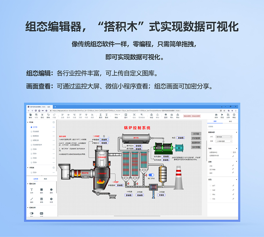 低成本PLC云網(wǎng)關(guān)：組態(tài)編輯器，“搭積木”式實(shí)現(xiàn)數(shù)據(jù)可視化